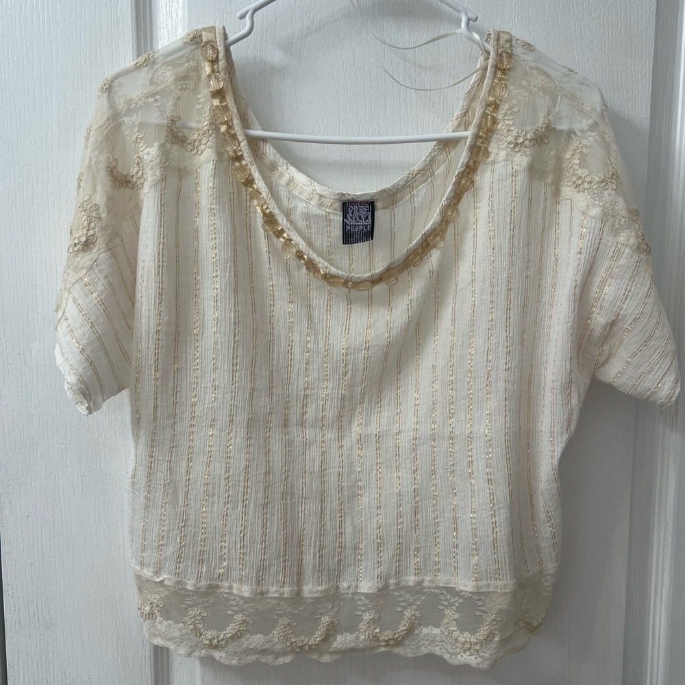 Free People Vintage Ivory Short Sleeve Beaded Wide Neck Blouse (Size S) - Picture 6 of 12